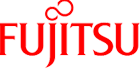 Logotipo de Fujitsu sobre fondo negro.